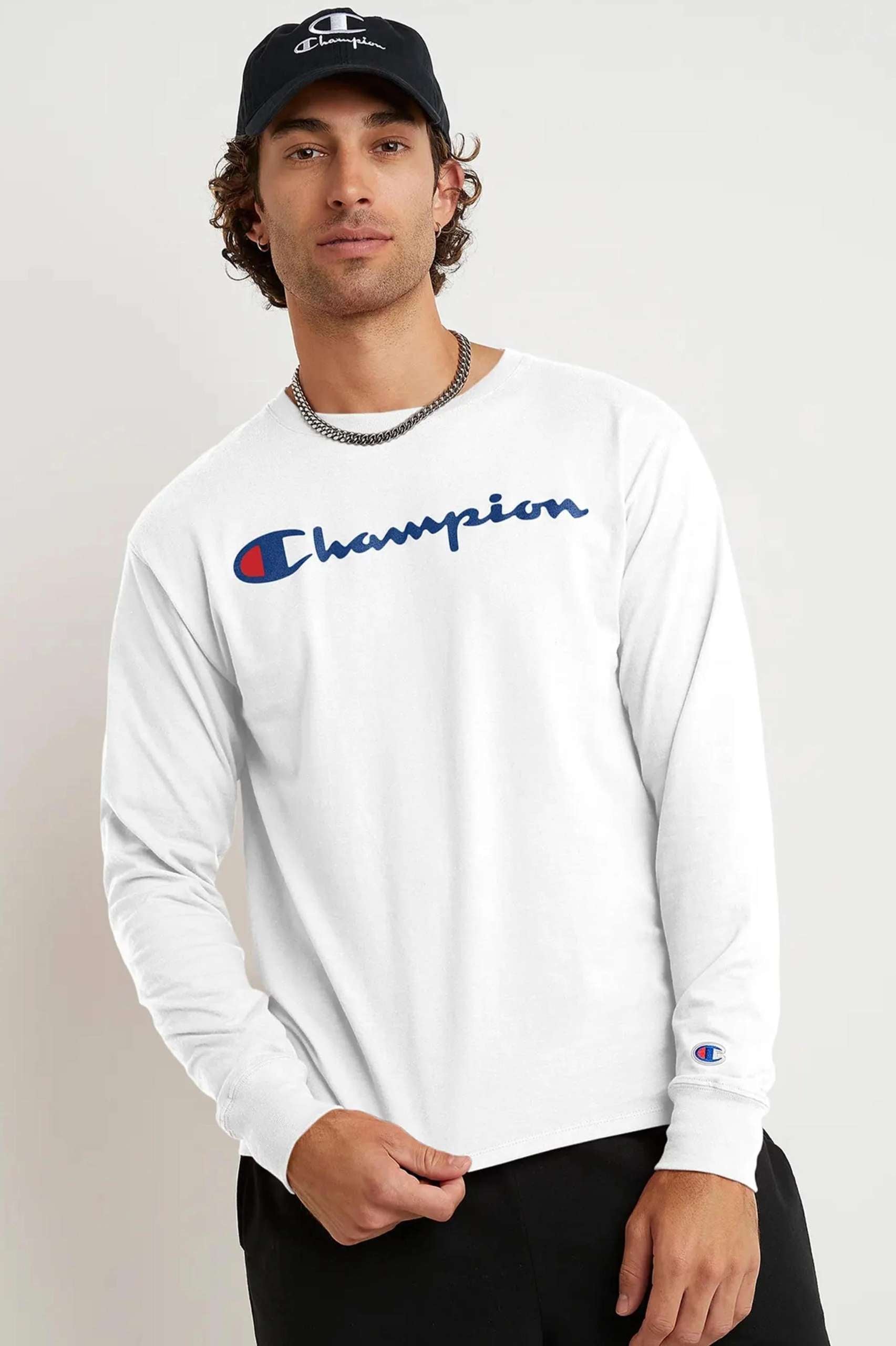 Champion Mens Script Long Sleeve Tee in White