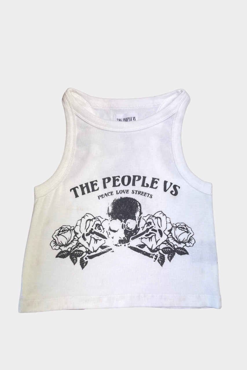The People Vs Womens 'Peace Love Streets' Skull Crop Tank Sample - White